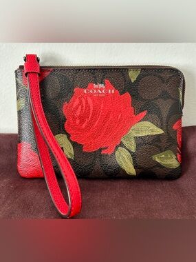 Coach Red Rose Print Wristlet with Brown Signature Canvas